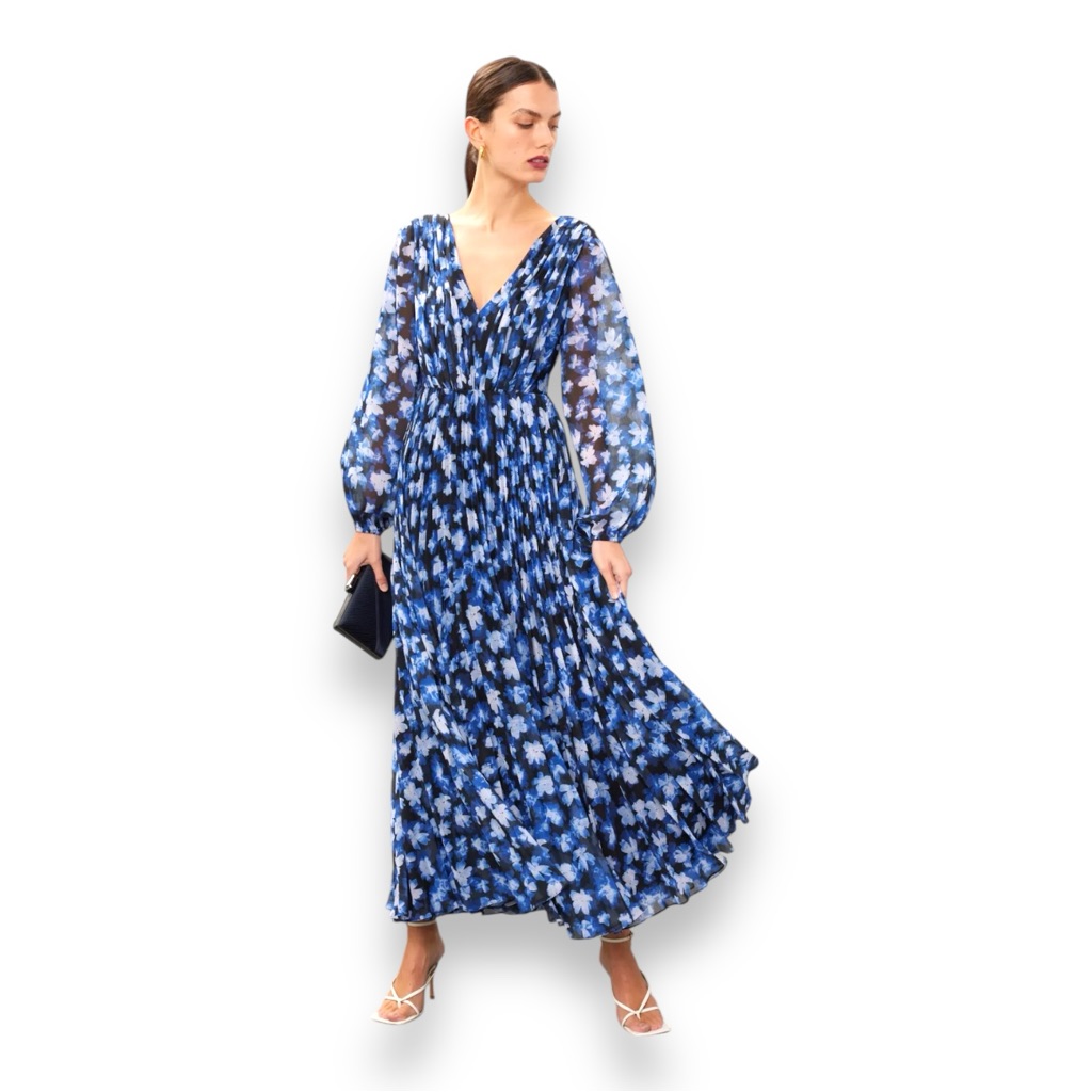Monique Lhuillier Blue Long Sleeve Long Maxi Gown Blue Floral Pleated $645 Sz 6